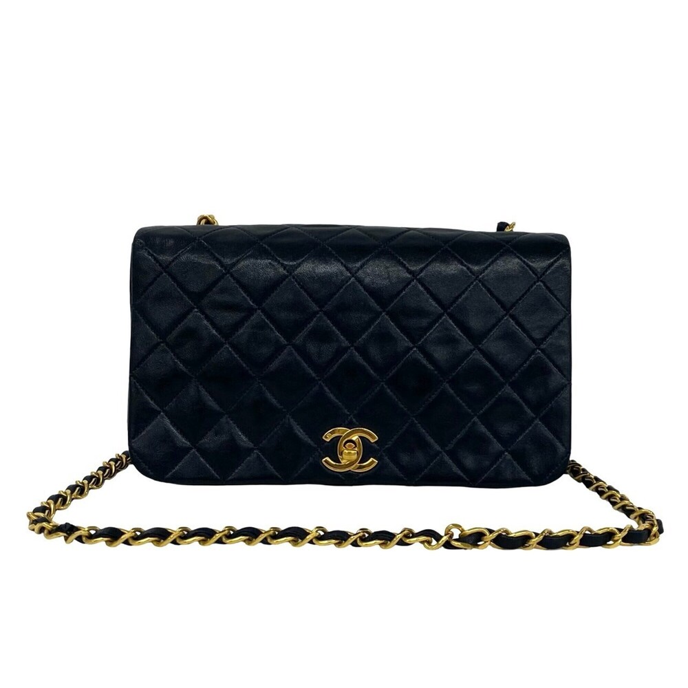 CHANEL Vintage Matelassé Coco Full Flap Lambskin Chain Shoulder Bag, Navy Blu...